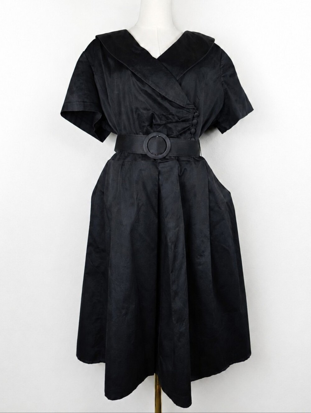 Vintage Pinup Julian Taylor 22W Black Retro Fit Flare Belted Goth Midi Dress